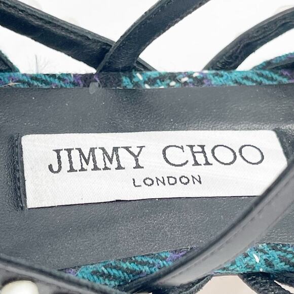 Jimmy Choo Celestia 25 Peacock Tartan Silver Studded Pearl Ballet Flat IT 37.5 - Picture 9 of 13
